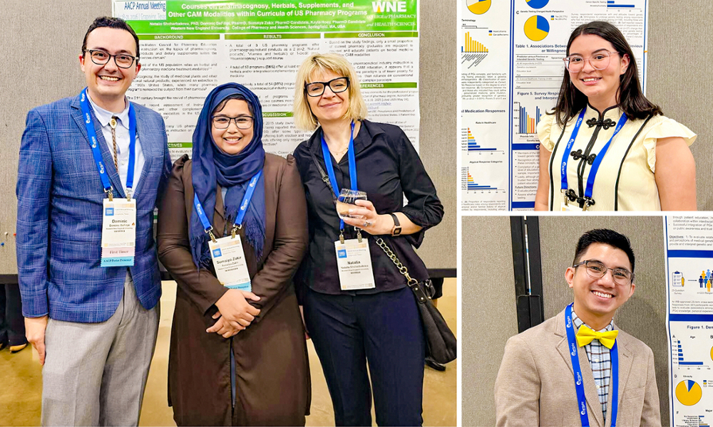 College of three pharmacy students standing in front of their posters at AACP